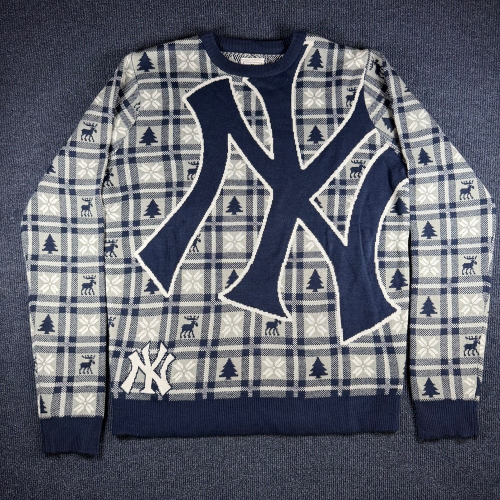New York Yankees MLB Sweater Sz L Pit 23.5in Navy Knit Holiday